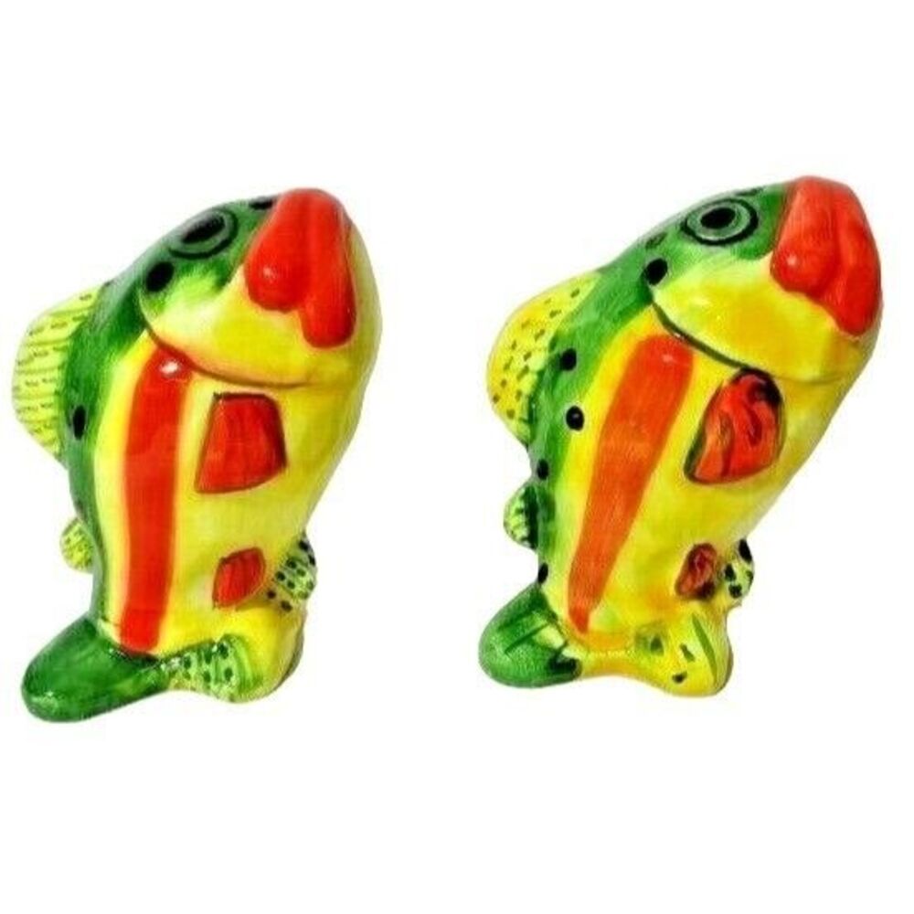 Retro Clown Fish Salt and Pepper Shakers Hand Painted Green Yellow Orange Gift